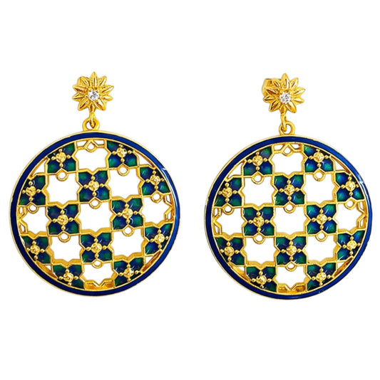 Royal Ethnic Gold Plated Blue Enamel Meenakari Round Dangle Earrings BIE1058_A