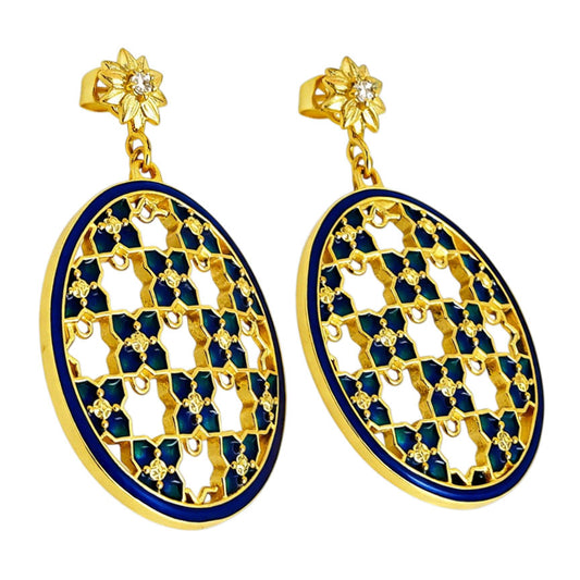 Royal Ethnic Gold Plated Blue Enamel Meenakari Round Dangle Earrings BIE1058_A