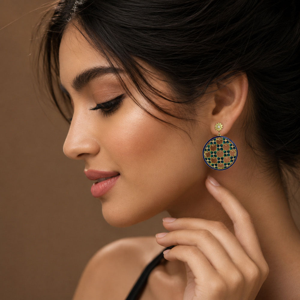 Royal Ethnic Gold Plated Blue Enamel Meenakari Round Dangle Earrings BIE1058_A