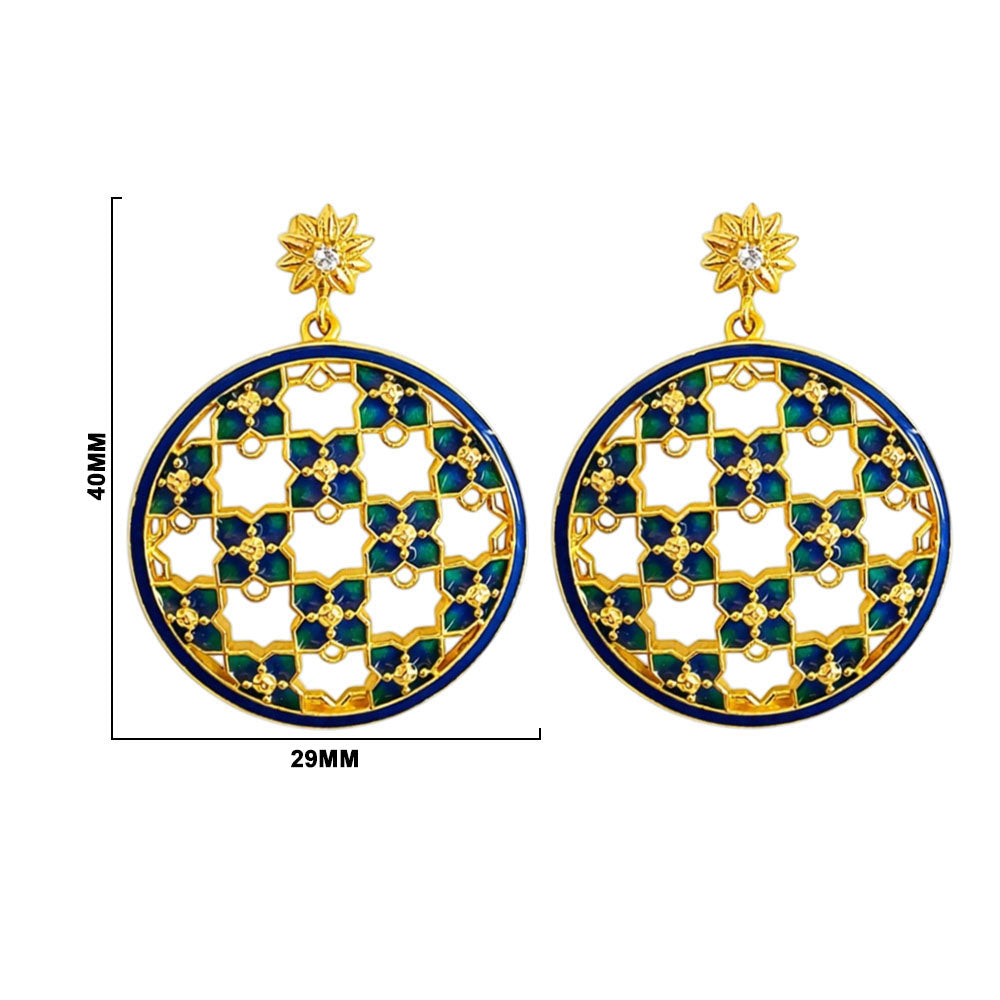 Royal Ethnic Gold Plated Blue Enamel Meenakari Round Dangle Earrings BIE1058_A