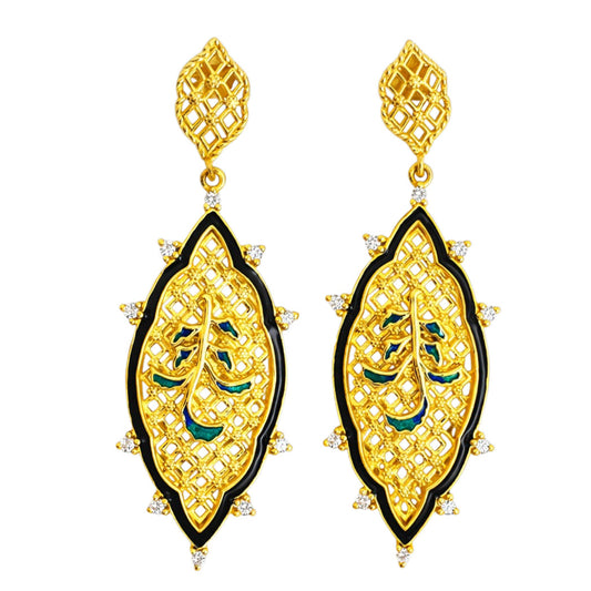 Royal Ethnic Gold Plated Black & Blue Enamel Round Dangle Earrings BIE1059_A
