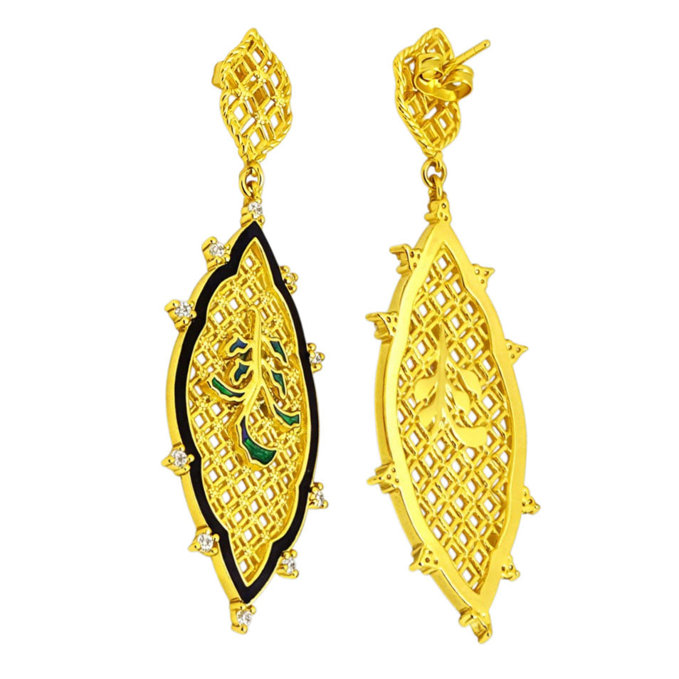 Royal Ethnic Gold Plated Black & Blue Enamel Round Dangle Earrings BIE1059_A