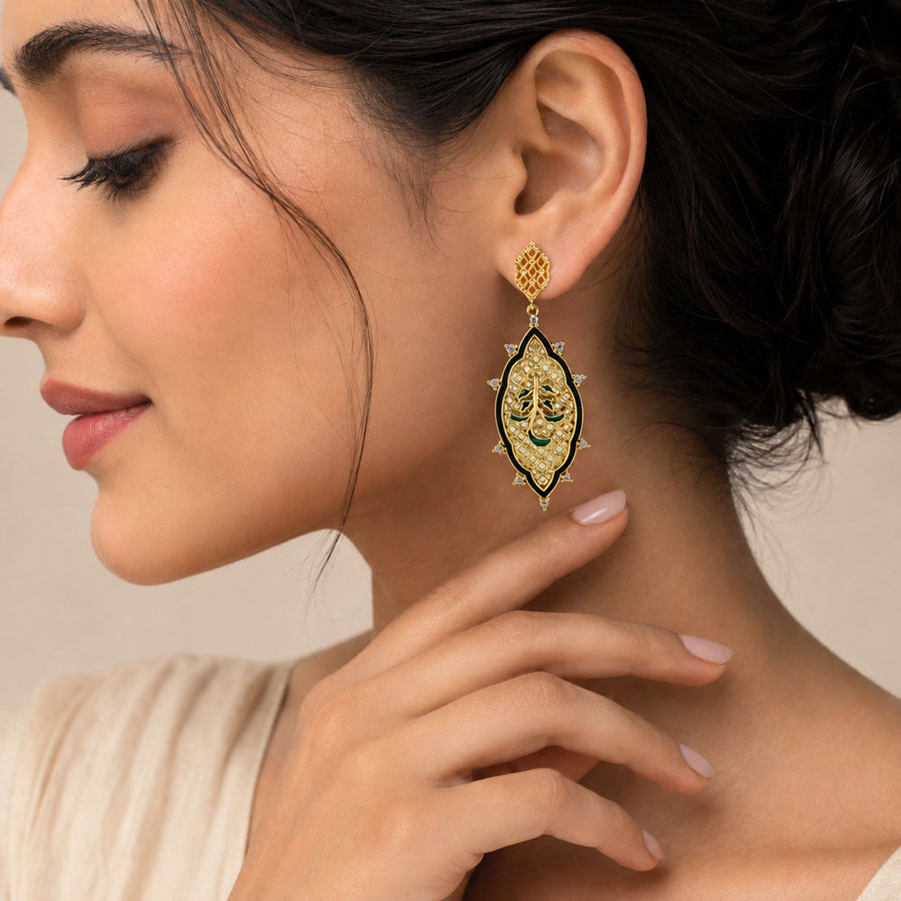 Royal Ethnic Gold Plated Black & Blue Enamel Round Dangle Earrings BIE1059_A