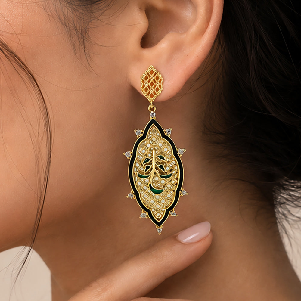 Royal Ethnic Gold Plated Black & Blue Enamel Round Dangle Earrings BIE1059_A