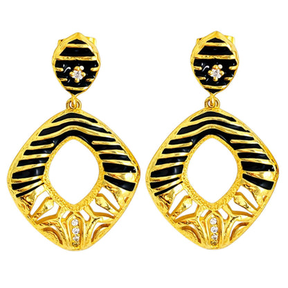Designer 18K Gold Plated Black Enamel Square Statement Earrings BIE1060_A