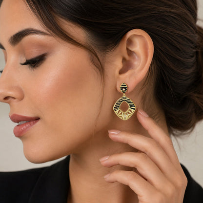 Designer 18K Gold Plated Black Enamel Square Statement Earrings BIE1060_A