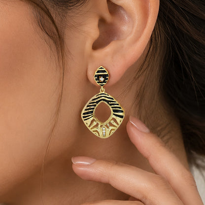 Designer 18K Gold Plated Black Enamel Square Statement Earrings BIE1060_A