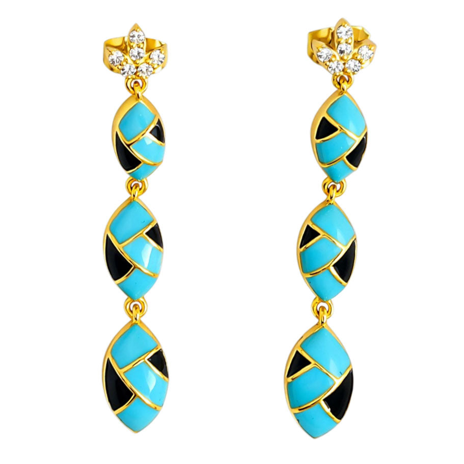 18K Gold Plated Turquoise Blue & Black Enamel Long Designer Earrings BIE1061_A