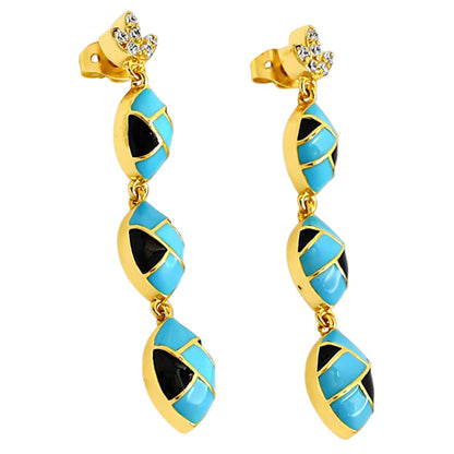 18K Gold Plated Turquoise Blue & Black Enamel Long Designer Earrings BIE1061_A