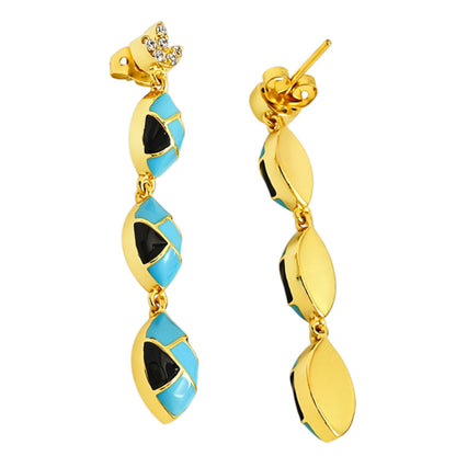 18K Gold Plated Turquoise Blue & Black Enamel Long Designer Earrings BIE1061_A