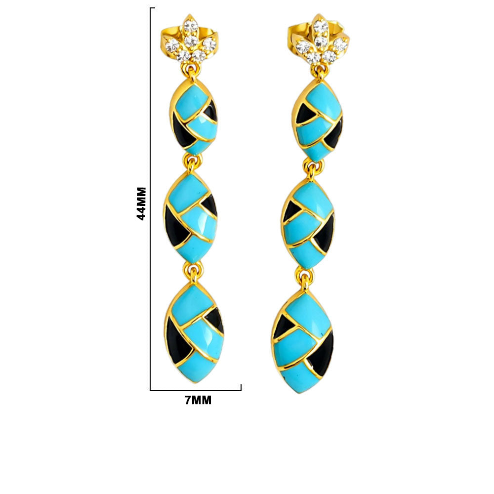 18K Gold Plated Turquoise Blue & Black Enamel Long Designer Earrings BIE1061_A