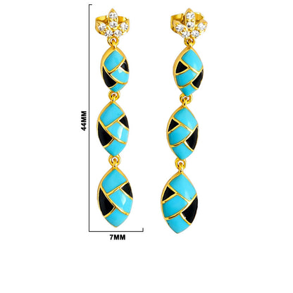 18K Gold Plated Turquoise Blue & Black Enamel Long Designer Earrings BIE1061_A