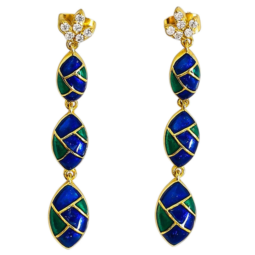 Trendy 18K Gold Plated Blue & Green Enamel Long Designer Earrings BIE1061_B