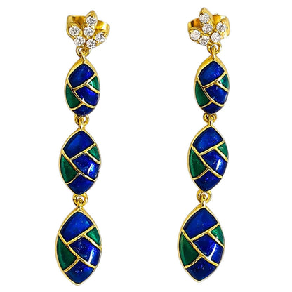 Trendy 18K Gold Plated Blue & Green Enamel Long Designer Earrings BIE1061_B
