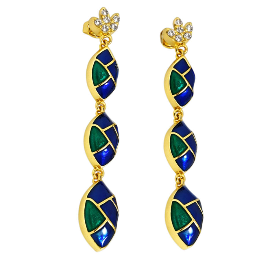 Trendy 18K Gold Plated Blue & Green Enamel Long Designer Earrings BIE1061_B