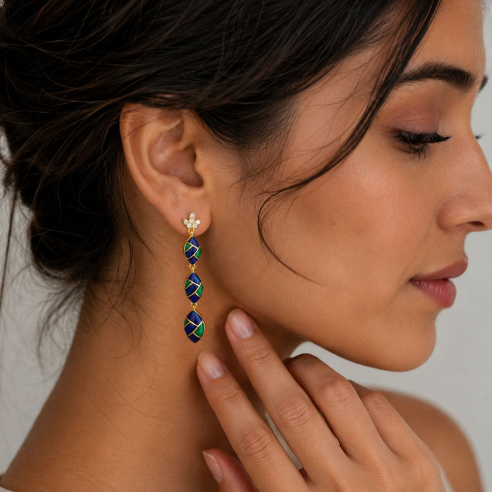 Trendy 18K Gold Plated Blue & Green Enamel Long Designer Earrings BIE1061_B