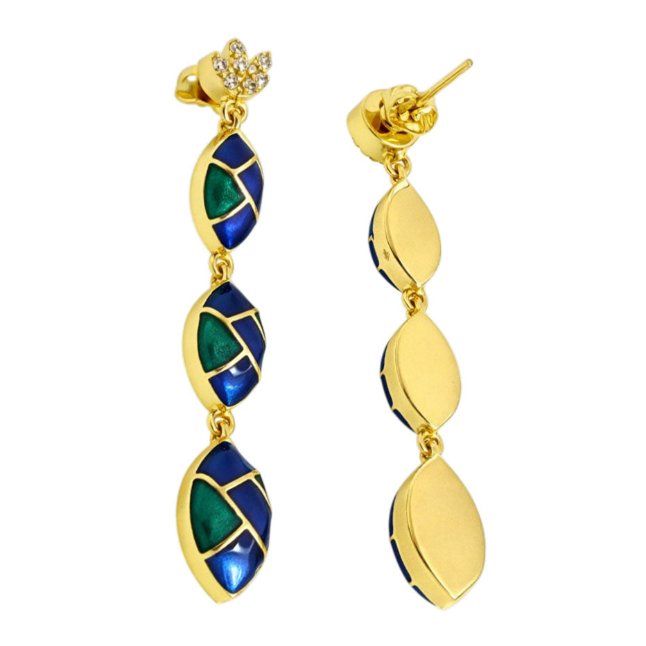 Trendy 18K Gold Plated Blue & Green Enamel Long Designer Earrings BIE1061_B
