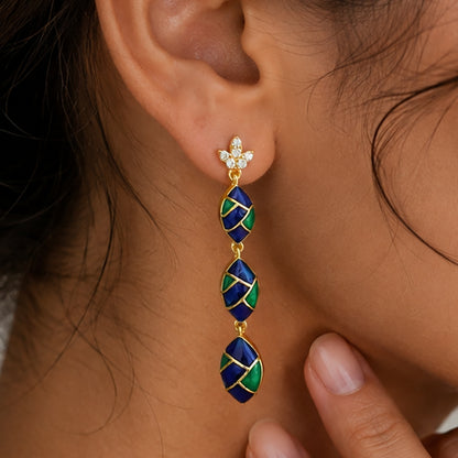 Trendy 18K Gold Plated Blue & Green Enamel Long Designer Earrings BIE1061_B