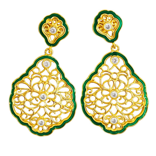 Elegant 18K Gold Plated Green Enamel Floral Designer Drop Earrings BIE1062_A