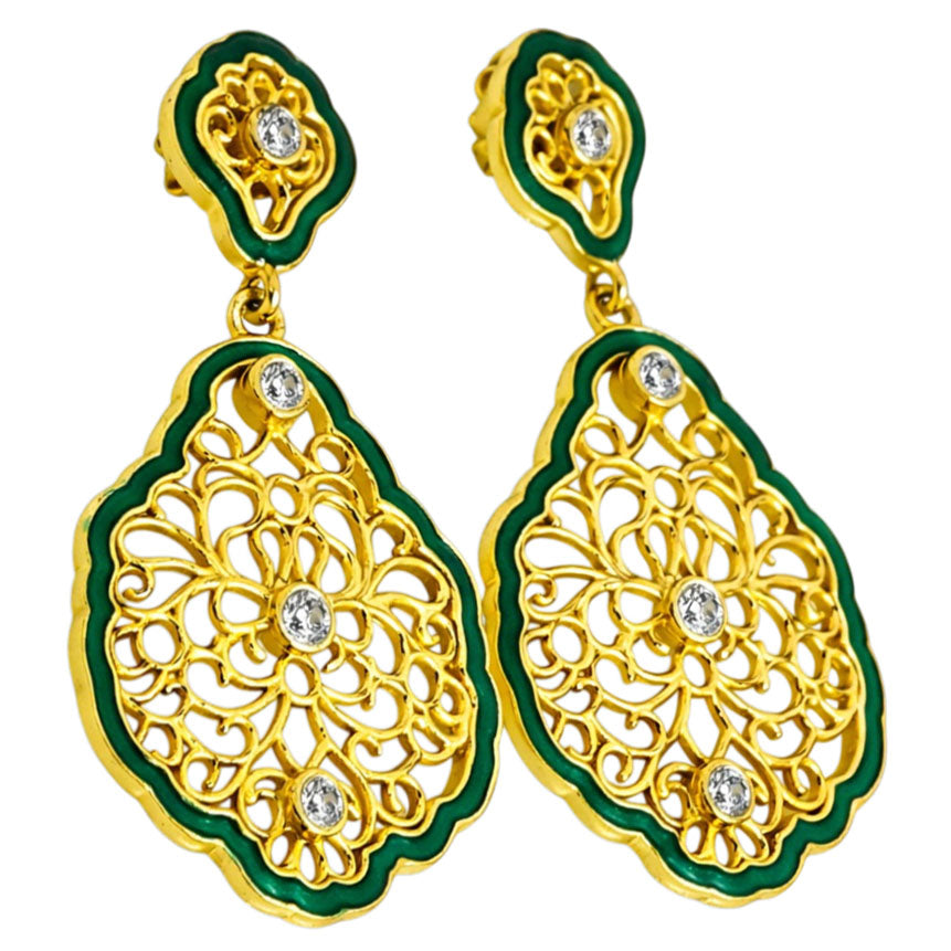 Elegant 18K Gold Plated Green Enamel Floral Designer Drop Earrings BIE1062_A