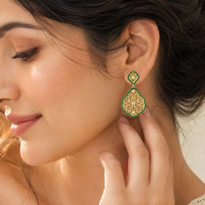 Elegant 18K Gold Plated Green Enamel Floral Designer Drop Earrings BIE1062_A