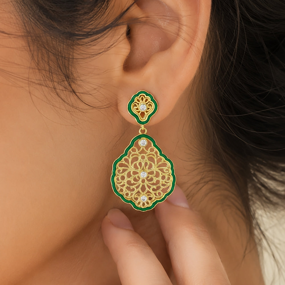 Elegant 18K Gold Plated Green Enamel Floral Designer Drop Earrings BIE1062_A