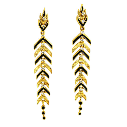 Stylish Gold Plated Black Enamel Leaf Long Designer Earrings for Women BIE1063_A