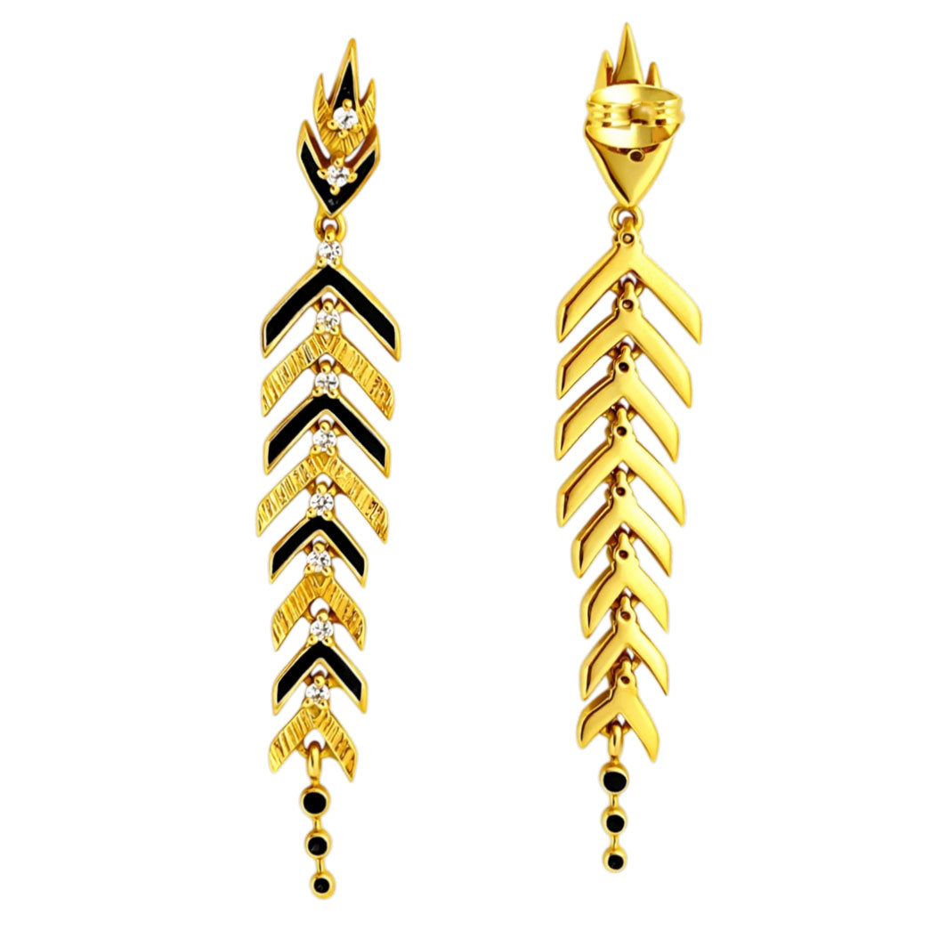 Stylish Gold Plated Black Enamel Leaf Long Designer Earrings for Women BIE1063_A