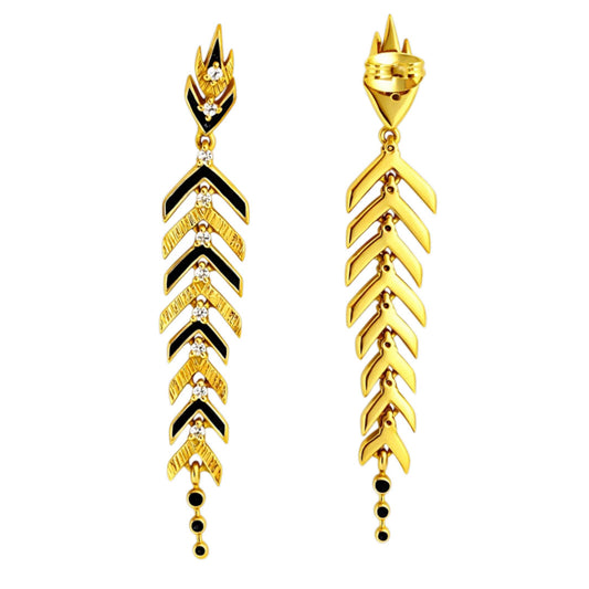 Stylish Gold Plated Black Enamel Leaf Long Designer Earrings for Women BIE1063_A