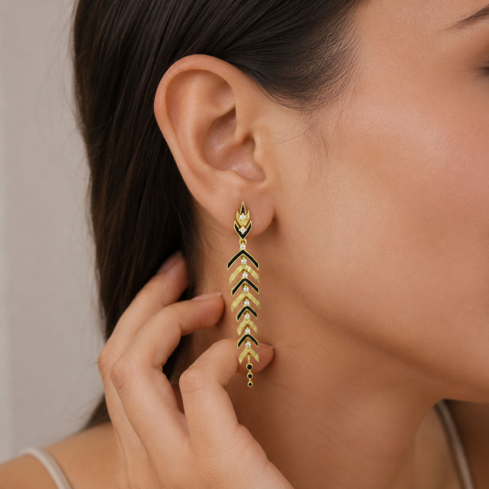 Stylish Gold Plated Black Enamel Leaf Long Designer Earrings for Women BIE1063_A