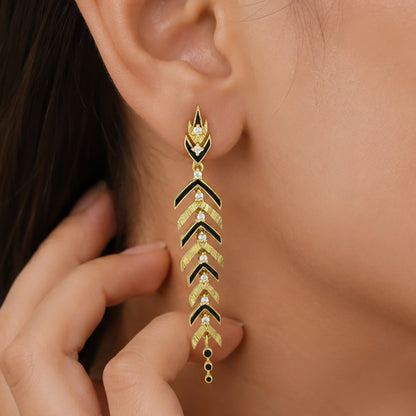 Stylish Gold Plated Black Enamel Leaf Long Designer Earrings for Women BIE1063_A