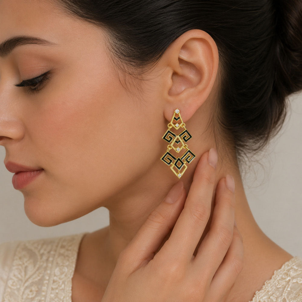 Modern Gold Plated Black Enamel Statement Earrings for Women & Girls BIE1064_A