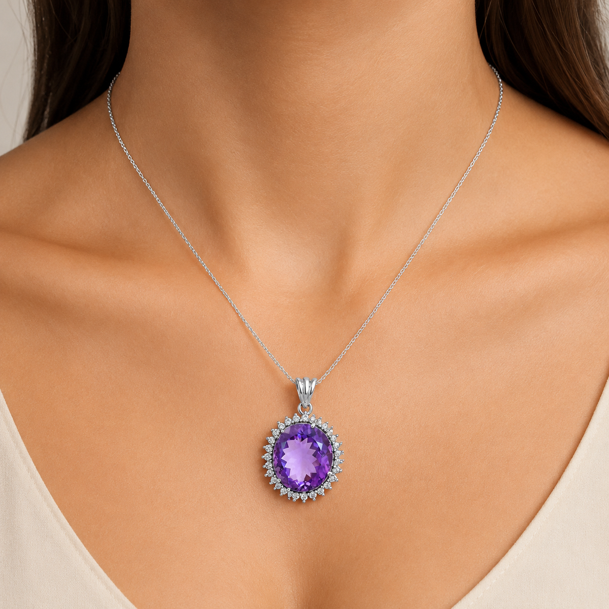 Vintage Oval Cut Gemstone Halo Pendant in 925 Sterling Silver for Women AGP1004 P-1741
