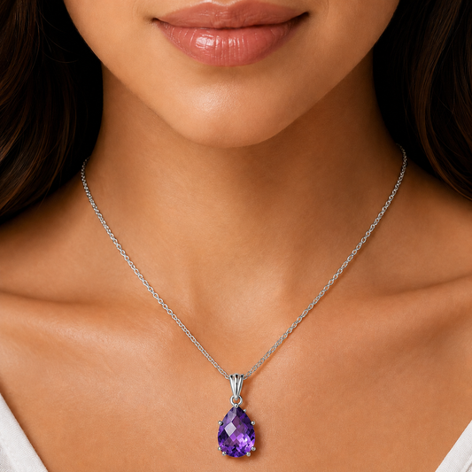 Faceted Natural Amethyst Teardrop Pendant 925 Sterling Silver Jewelry AGP1007 P-1739