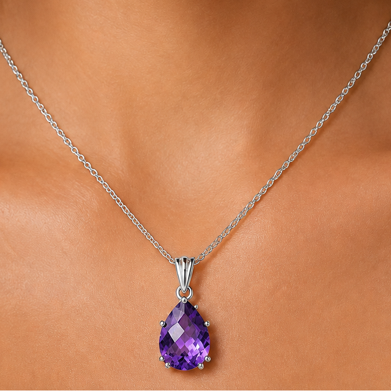 Faceted Natural Amethyst Teardrop Pendant 925 Sterling Silver Jewelry AGP1007 P-1739