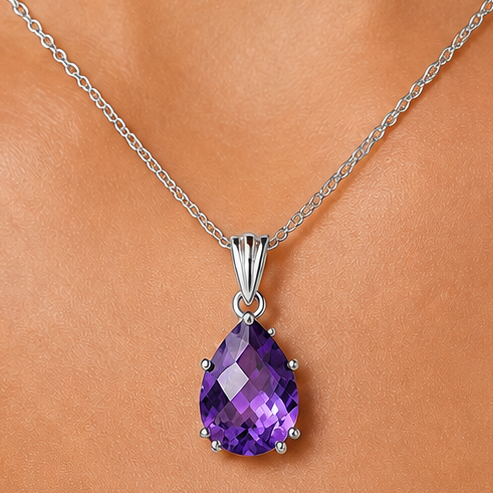 Faceted Natural Amethyst Teardrop Pendant 925 Sterling Silver Jewelry AGP1007 P-1739