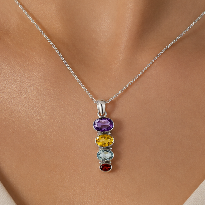 925 Silver Multi Four Stone Gemstone Oval Pendant Handmade Jewelry DGP1022 P-1119