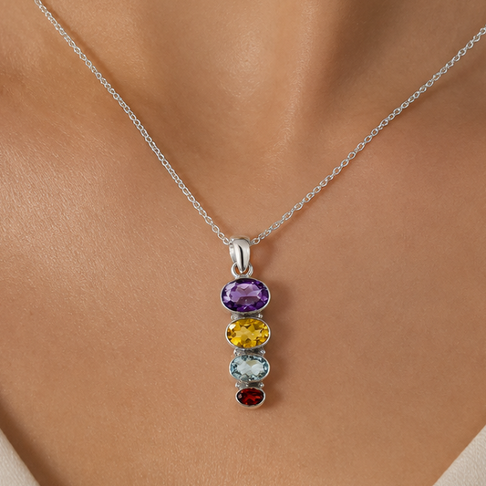 925 Silver Multi Four Stone Gemstone Oval Pendant Handmade Jewelry DGP1022 P-1119