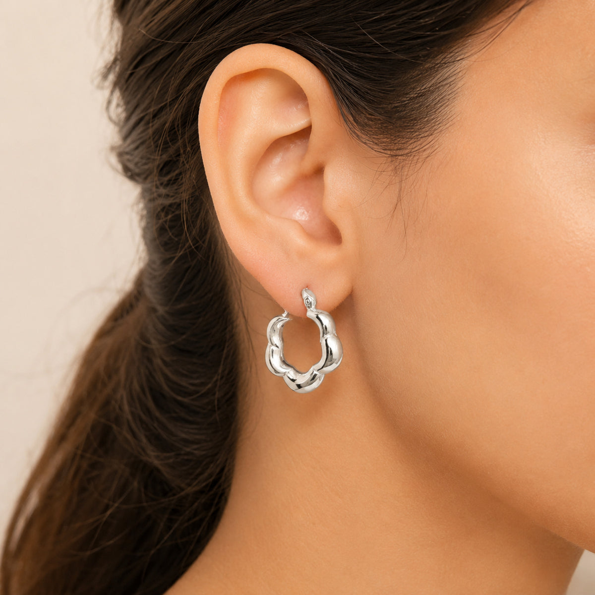 Women’s 925 Sterling Silver Flower Hoop Earrings – Unique Chunky Design DGE1029