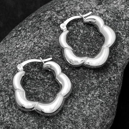 Women’s 925 Sterling Silver Flower Hoop Earrings – Unique Chunky Design DGE1029