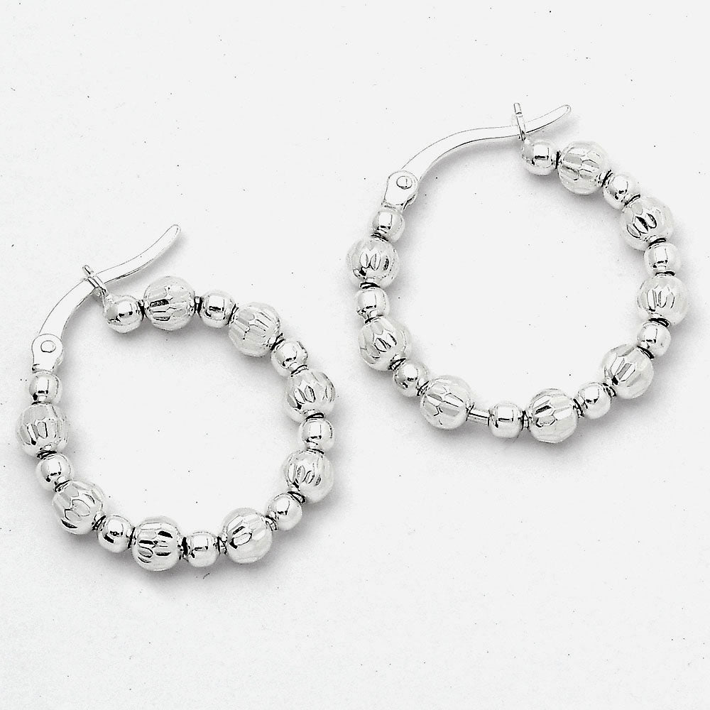 925 Sterling Silver Textured Bead Hoop Earrings – Stylish Trendy Jewelry DGE1031