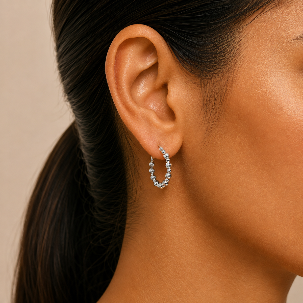 925 Sterling Silver Textured Bead Hoop Earrings – Stylish Trendy Jewelry DGE1031