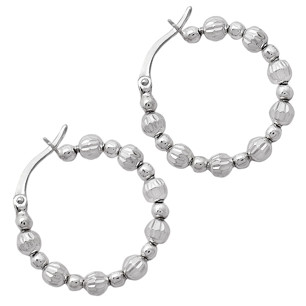 925 Sterling Silver Textured Bead Hoop Earrings – Stylish Trendy Jewelry DGE1031