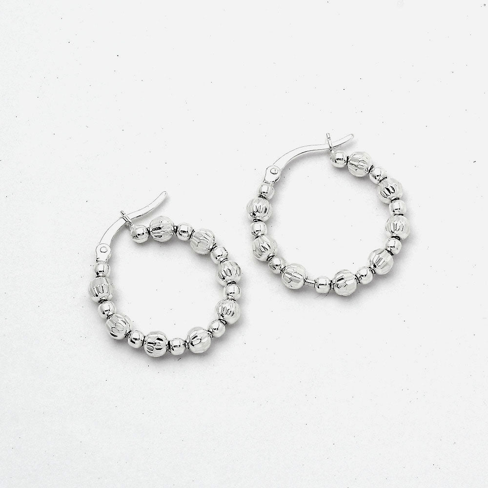 925 Sterling Silver Textured Bead Hoop Earrings – Stylish Trendy Jewelry DGE1031
