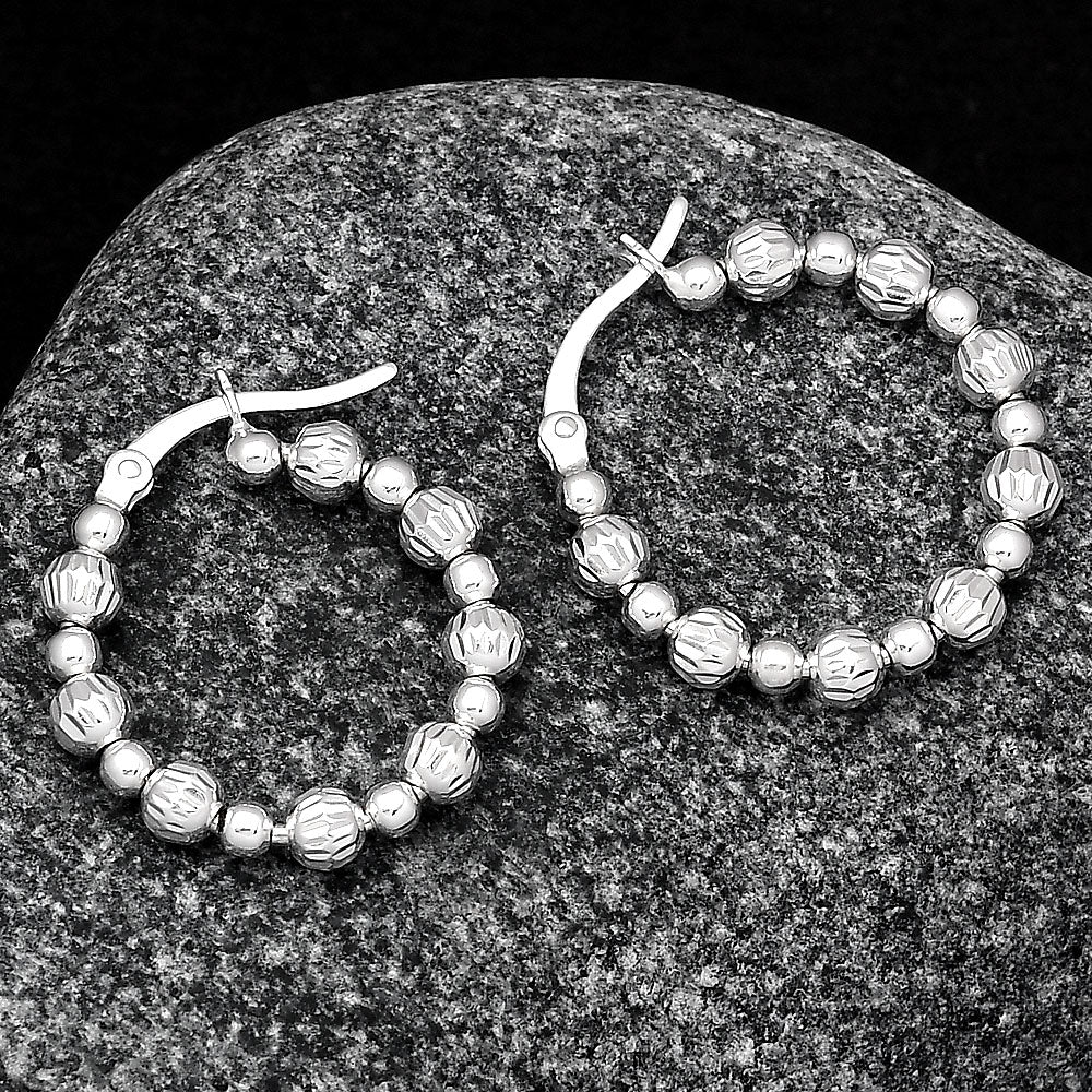 925 Sterling Silver Textured Bead Hoop Earrings – Stylish Trendy Jewelry DGE1031