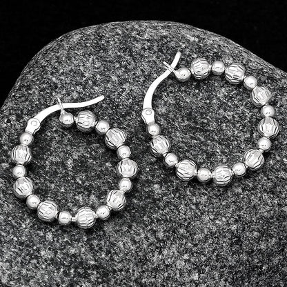 925 Sterling Silver Textured Bead Hoop Earrings – Stylish Trendy Jewelry DGE1031