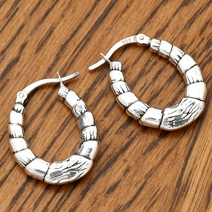 925 Sterling Silver Textured Bamboo Hoop Earrings Classic Women’s Style DGE1037