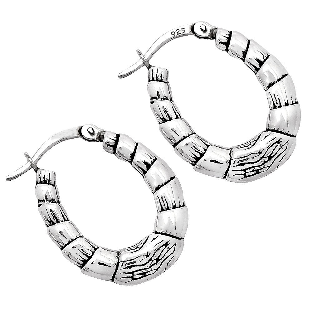 925 Sterling Silver Textured Bamboo Hoop Earrings Classic Women’s Style DGE1037