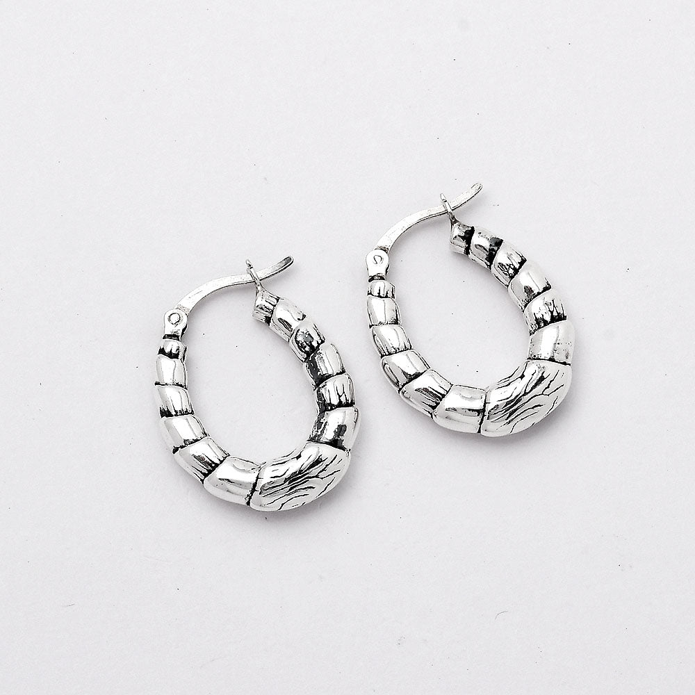 925 Sterling Silver Textured Bamboo Hoop Earrings Classic Women’s Style DGE1037
