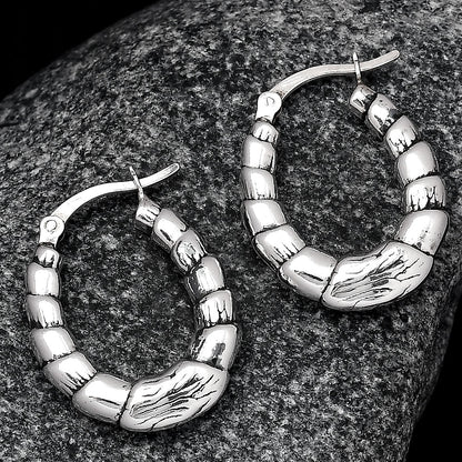925 Sterling Silver Textured Bamboo Hoop Earrings Classic Women’s Style DGE1037